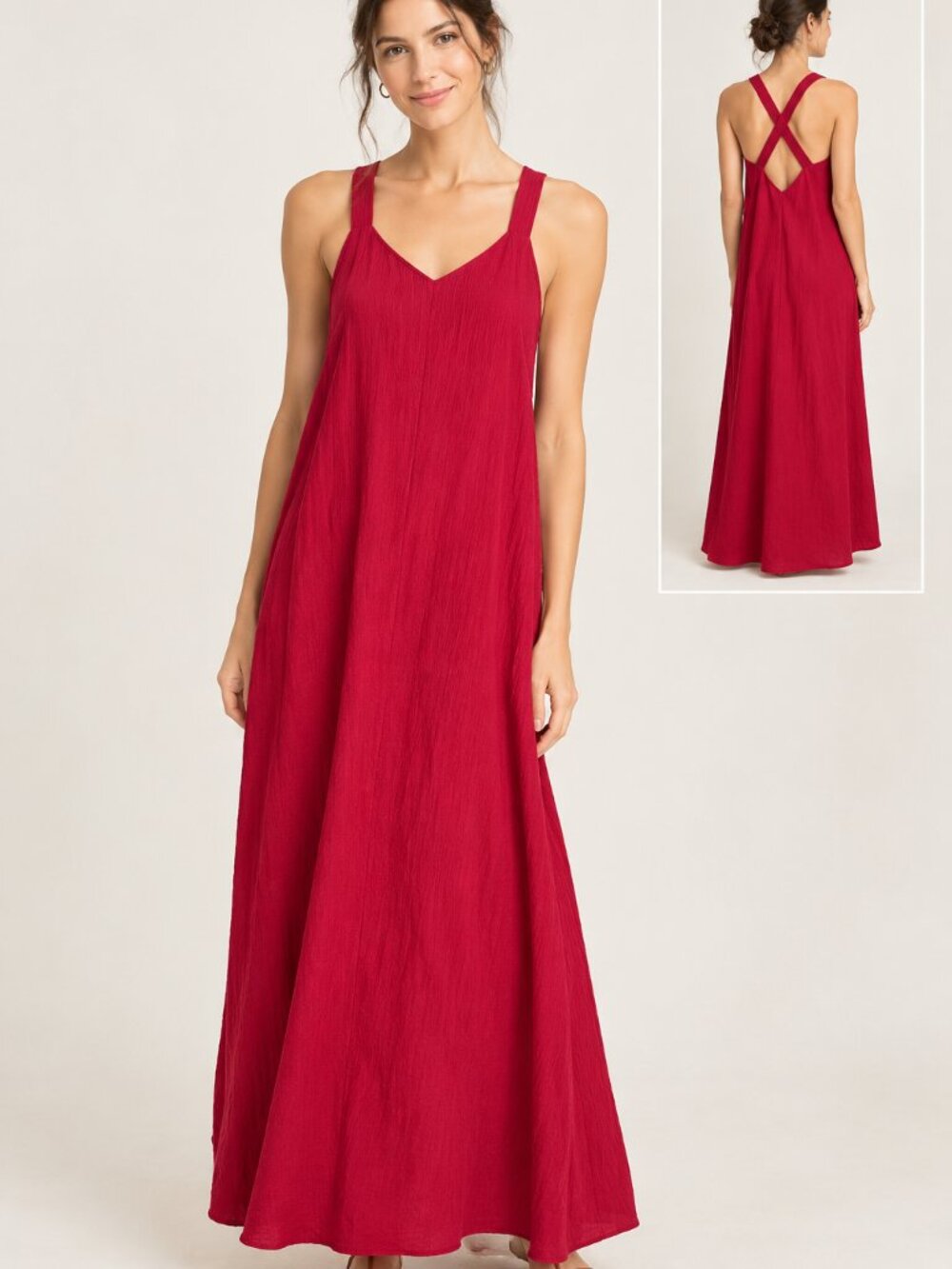 Garnet Hill Crimson  Maxi Dress with Cross Back Straps Size L 100% Cotton
